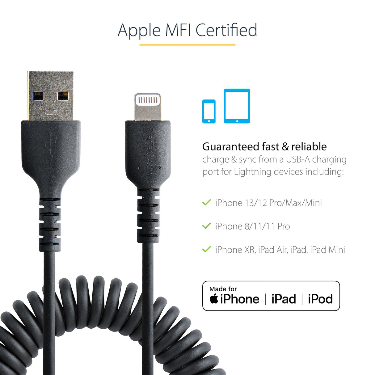 USB TO LIGHTNING CABLE - 1M (3.3FT) COILED CABLE BLACK